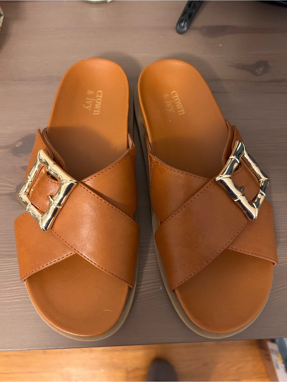 crown & ivy Cognac Cross-Band Slide Sandals with Gold Buckles